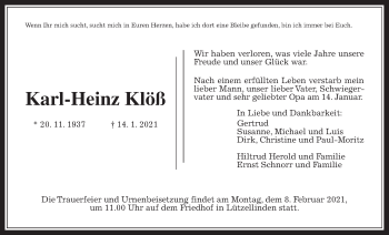Traueranzeige von Karl-Heinz Klöß von Giessener Allgemeine, Alsfelder Allgemeine