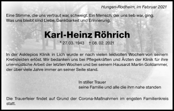 Traueranzeige von Karl-Heinz Röhrich von Giessener Allgemeine, Alsfelder Allgemeine
