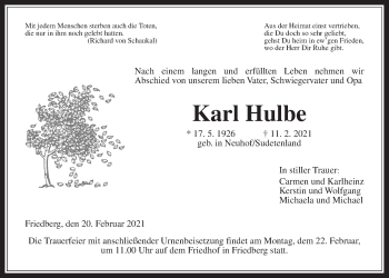 Traueranzeige von Karl Hulbe von Wetterauer Zeitung