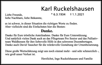 Traueranzeige von Karl Ruckelshausen von Alsfelder Allgemeine