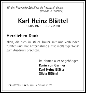 Traueranzeige von Karl Heinz Blättel von Licher Wochenblatt