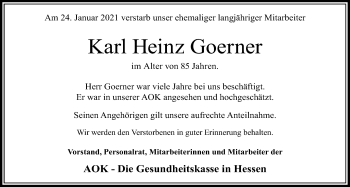 Traueranzeige von Karl Heinz Goerner von Wetterauer Zeitung