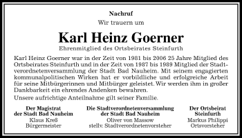 Traueranzeige von Karl Heinz Goerner von Wetterauer Zeitung