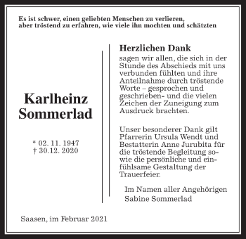 Traueranzeige von Karlheinz Sommerlad von Giessener Allgemeine, Alsfelder Allgemeine