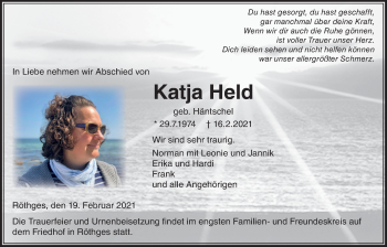 Traueranzeige von Katja Held von Giessener Allgemeine, Alsfelder Allgemeine