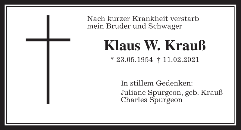  Traueranzeige für Klaus  Krauß vom 20.02.2021 aus Wetterauer Zeitung