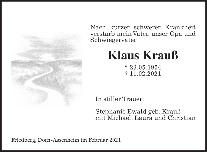  Traueranzeige für Klaus  Krauß vom 20.02.2021 aus Wetterauer Zeitung