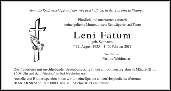 Traueranzeige von Leni Fatum von Wetterauer Zeitung