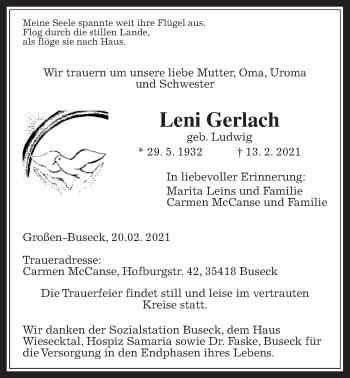 Traueranzeige von Leni Gerlach von Giessener Allgemeine, Alsfelder Allgemeine