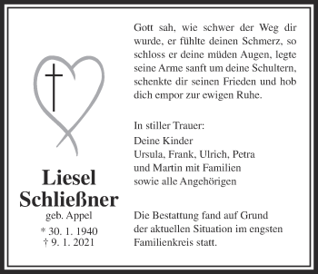 Traueranzeige von Liesel Schließner von Giessener Allgemeine, Alsfelder Allgemeine
