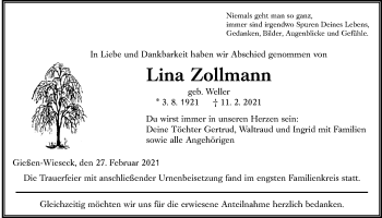 Traueranzeige von Lina Zollmann von Giessener Allgemeine, Alsfelder Allgemeine