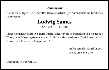 Traueranzeige von Ludwig Sames von Giessener Allgemeine, Alsfelder Allgemeine