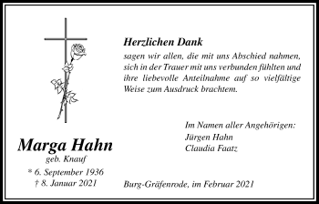 Traueranzeige von Marga Hahn von Wetterauer Zeitung