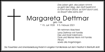 Traueranzeige von Margareta Dettmar von Wetterauer Zeitung