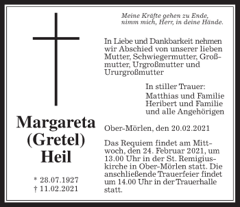 Traueranzeige von Margareta Heil von Wetterauer Zeitung