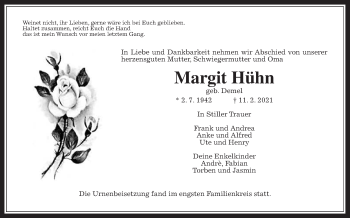 Traueranzeige von Margit Hühn von Giessener Allgemeine, Alsfelder Allgemeine