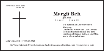 Traueranzeige von Margit Reh von Giessener Allgemeine, Alsfelder Allgemeine