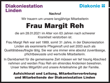 Traueranzeige von Margit Reh von Giessener Allgemeine, Alsfelder Allgemeine