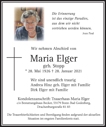 Traueranzeige von Maria Elger von Bad Vilbel/Karben
