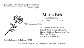 Traueranzeige von Maria Erb von Giessener Allgemeine, Alsfelder Allgemeine