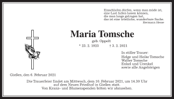 Traueranzeige von Maria Tomsche von Giessener Allgemeine, Alsfelder Allgemeine
