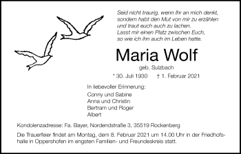 Traueranzeige von Maria Wolf von Wetterauer Zeitung