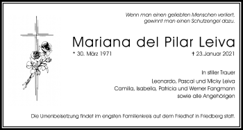 Traueranzeige von Mariana del Pilar Leiva von Wetterauer Zeitung