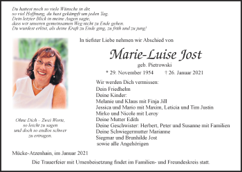 Traueranzeige von Marie-Luise Jost von Giessener Allgemeine, Alsfelder Allgemeine