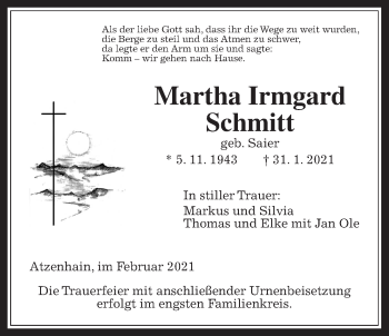 Traueranzeige von Martha Irmgard Schmitt von Alsfelder Allgemeine, Mücker Stimme