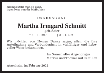 Traueranzeige von Martha Irmgard Schmitt von Alsfelder Allgemeine, Mücker Stimme