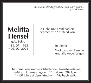 Traueranzeige von Melitta Hensel von Wetterauer Zeitung