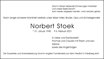 Traueranzeige von Norbert Stoek von Wetterauer Zeitung