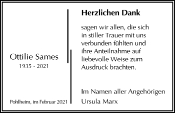 Traueranzeige von Ottilie Sames von Giessener Allgemeine, Alsfelder Allgemeine