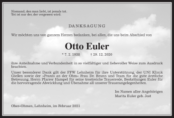 Traueranzeige von Otto Euler von Giessener Allgemeine, Alsfelder Allgemeine