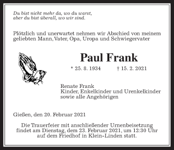 Traueranzeige von Paul Frank von Giessener Allgemeine, Alsfelder Allgemeine