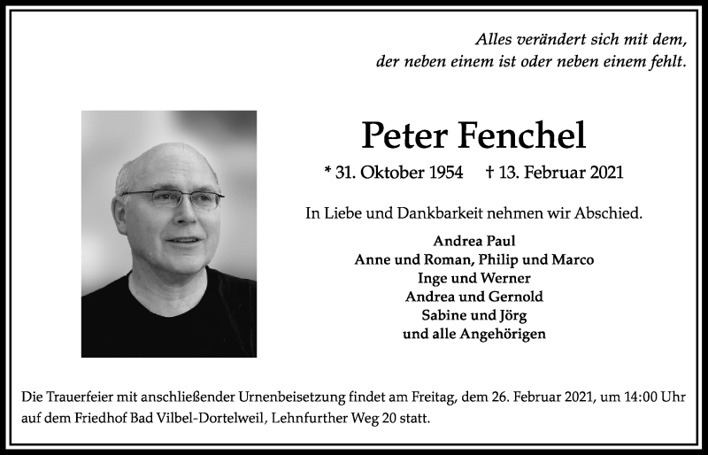  Traueranzeige für Peter Fenchel vom 18.02.2021 aus Bad Vilbel/Karben
