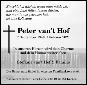 Traueranzeige von Peter van’t Hof von Bad Vilbel/Karben