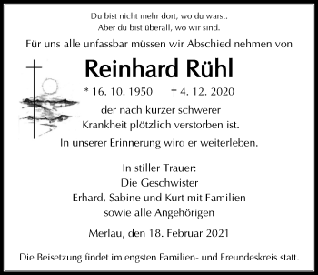 Traueranzeige von Reinhard Rühl von Giessener Allgemeine, Alsfelder Allgemeine