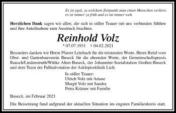 Traueranzeige von Reinhold Volz von Giessener Allgemeine, Alsfelder Allgemeine