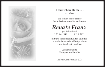 Traueranzeige von Renate Franz von Laubacher Anzeiger