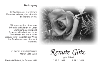 Traueranzeige von Renate Götz von Wetterauer Zeitung