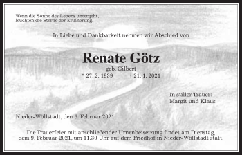 Traueranzeige von Renate Götz von Wetterauer Zeitung
