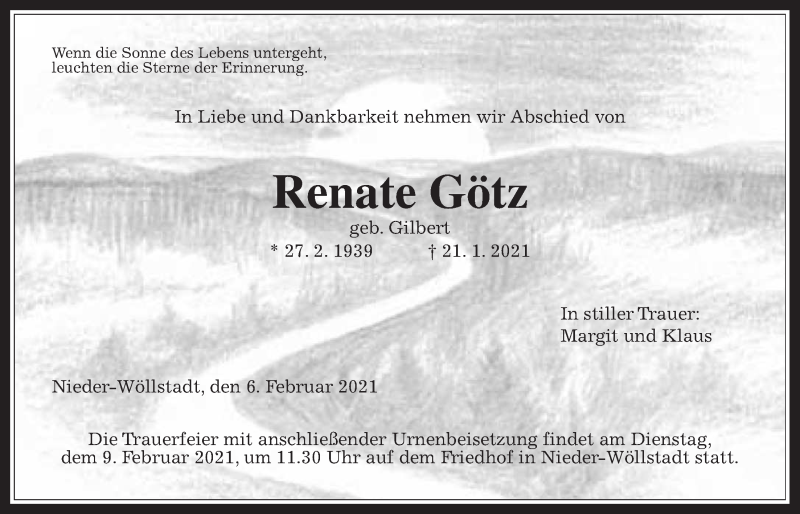  Traueranzeige für Renate Götz vom 06.02.2021 aus Wetterauer Zeitung