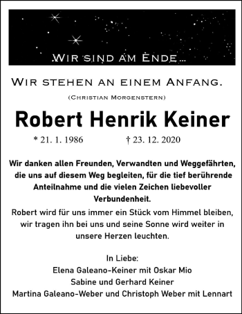 Traueranzeige von Roert Henrik Keiner von Giessener Allgemeine, Alsfelder Allgemeine