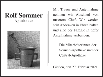 Traueranzeige von Rolf Sommer von Giessener Allgemeine, Alsfelder Allgemeine