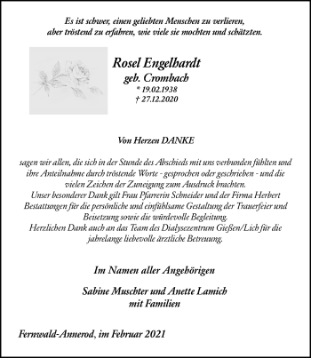 Traueranzeige von Rosel Engelhardt von Giessener Allgemeine, Alsfelder Allgemeine