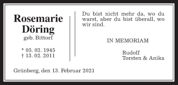 Traueranzeige von Rosemarie Döring von Giessener Allgemeine, Alsfelder Allgemeine