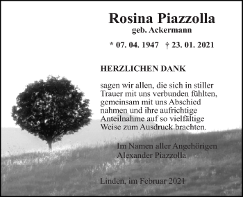 Traueranzeige von Rosina Piazzolla von Giessener Allgemeine, Alsfelder Allgemeine