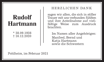 Traueranzeige von Rudolf Hartmann von Pohlheimer Nachrichten