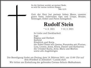 Traueranzeige von Rudolf Stein von Giessener Allgemeine, Alsfelder Allgemeine